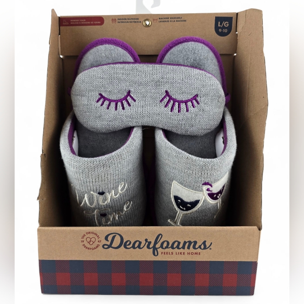 NIB Dearfoams Women's Wine Time Slipper Sleep Mask Set Grey 9-10